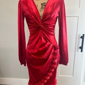Red Satin Twist-Front Long Sleeve Derby Dress
